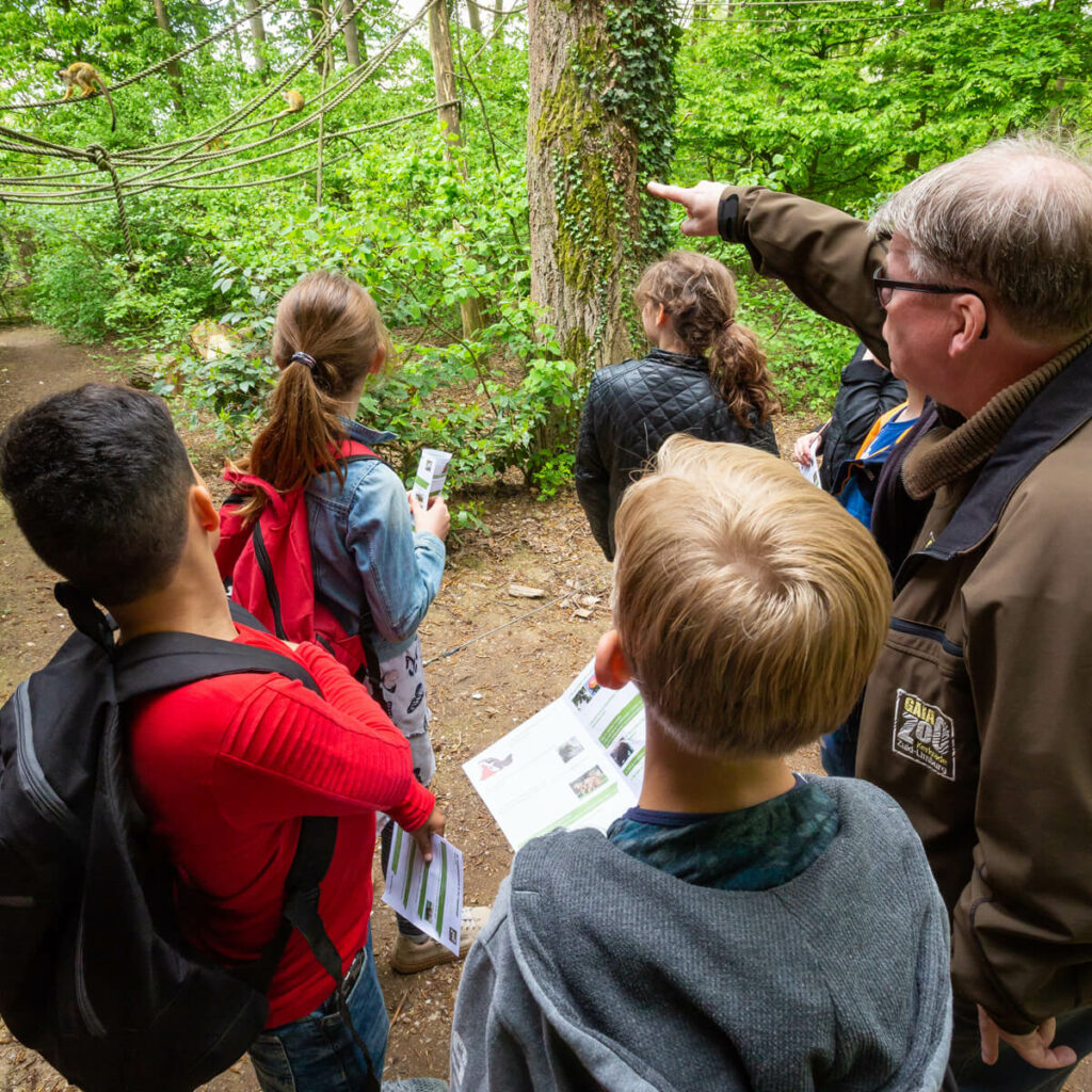 Kinderen met een vrijwilliger in het apenbos